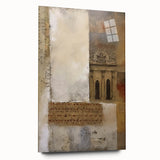 Abstract architectural wall art displayed in a sleek acrylic frame, showcasing geometric shapes and vibrant colors, ideal for modern interior decor. The side view highlights the depth and clarity of the glass, enhancing the artwork's visual impact.