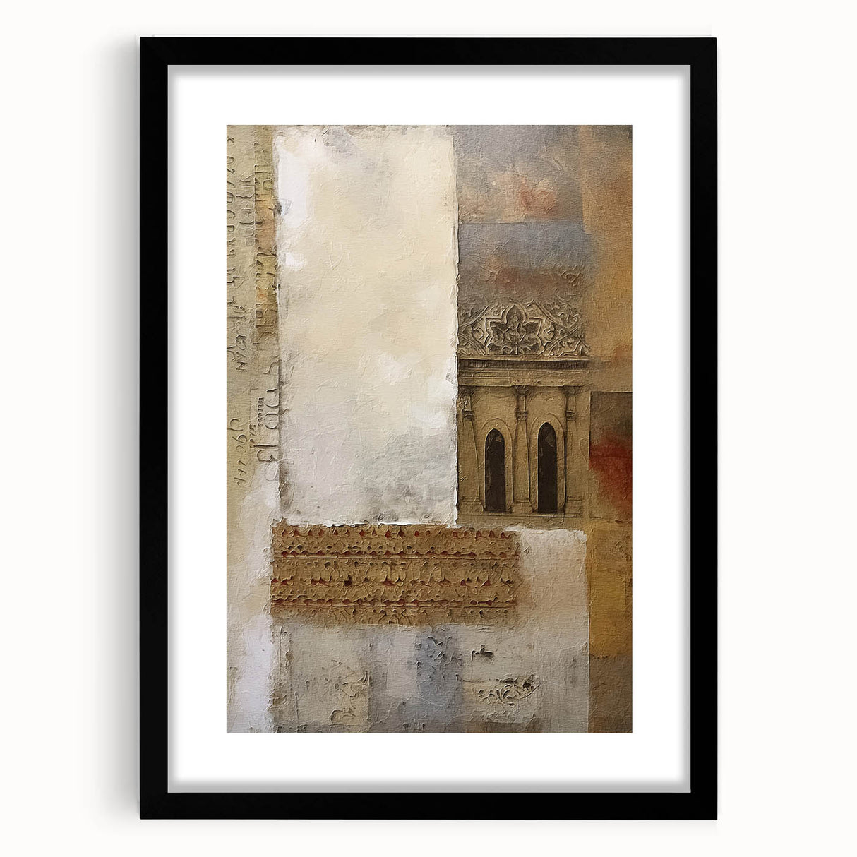 Abstract architectural wall art featuring geometric shapes and a black frame with a white mat, ideal for modern home decor. Perfect for adding a contemporary touch to any space.