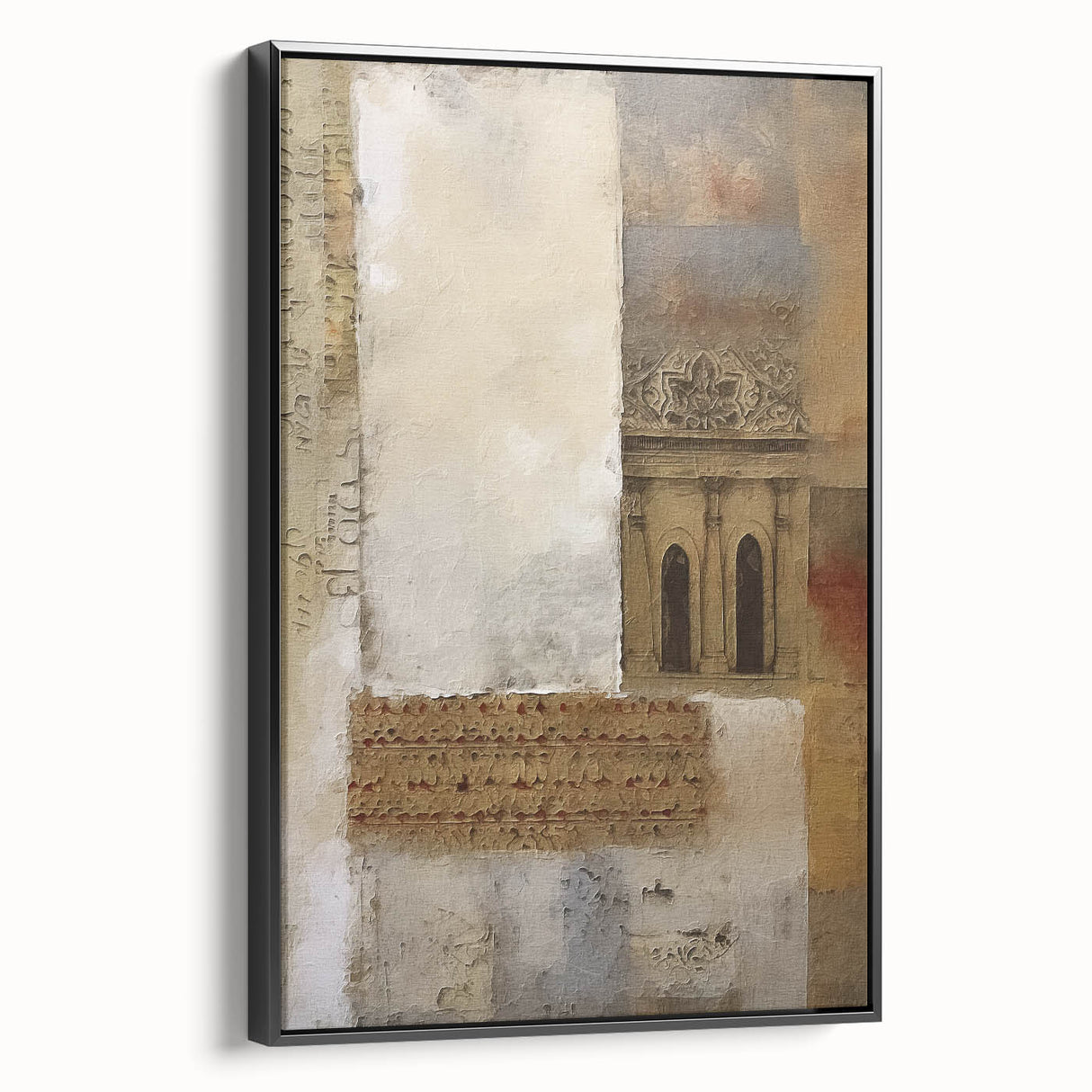 Framed abstract architecture wall art in black, showcasing a modern design with geometric shapes and clean lines, displayed from a side view for depth.