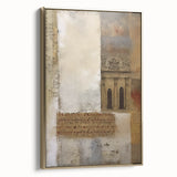 Framed canvas wall art showcasing an abstract architectural design in gold tones, highlighting modern aesthetics and elegance, perfect for upscale decor.