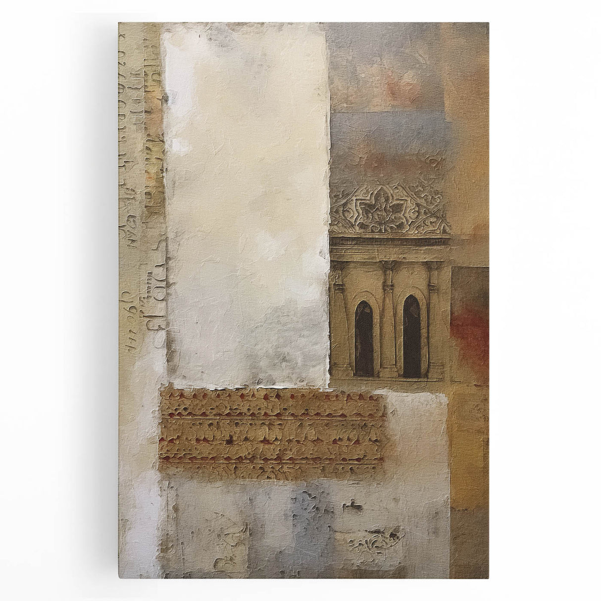 Abstract architectural wall art on stretched canvas showcasing vibrant colors and geometric patterns, perfect for modern home decor and artistic expression.