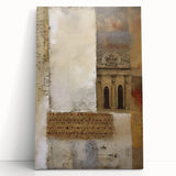 Abstract architectural wall art featuring bold geometric shapes and vibrant colors, printed on stretched canvas, leaning against a modern interior wall. This contemporary artwork enhances the aesthetic of any space, adding a unique artistic touch.