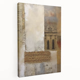 Abstract architectural wall art on stretched canvas, showcasing geometric shapes in shades of blue and gray, ideal for modern home decor. Side view highlights the canvas edges and texture, making it a stylish addition to any interior.