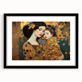 Abstract figurative wall art framed in black with a white mat, showcasing modern design elements and vibrant colors, perfect for contemporary home decor.