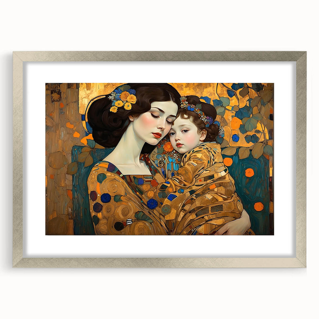 Abstract figurative wall art framed with a silver mat, showcasing vibrant colors and unique shapes, ideal for modern home decor or office settings.