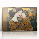 Framed abstract figurative wall art featuring vibrant gold accents and a modern design, ideal for contemporary home decor, displayed against a neutral background.