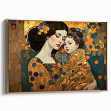 Framed abstract figurative wall art with gold accents, showcasing a unique design on a canvas, elegantly displayed from the side to highlight its texture and depth.