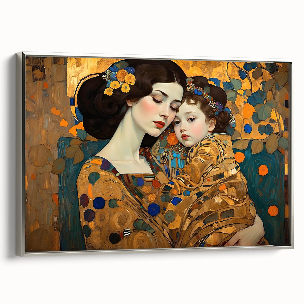 Framed abstract figurative wall art in silver, showcasing a modern design with vibrant colors and intricate shapes, ideal for contemporary home decor.