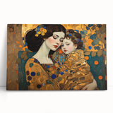 Abstract figurative wall art on stretched canvas, showcasing vibrant colors and dynamic shapes, leaning against a neutral-toned wall, perfect for modern decor.