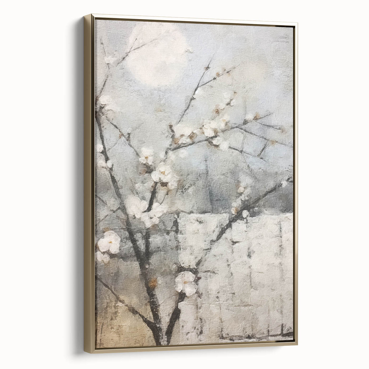 Framed canvas wall art displaying an abstract floral design with vibrant colors and gold accents, showcased in a stylish side view, ideal for modern decor.