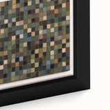 Close-up view of an abstract geometric framed canvas art piece showcasing vibrant colors and intricate patterns, perfect for modern home decor accents.