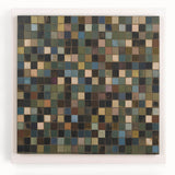 Abstract geometric stretched canvas artwork showcasing vibrant shapes in blue, orange, and yellow tones, ideal for modern home decor or office settings.