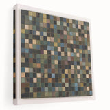 Abstract geometric stretched canvas artwork showcasing vibrant colors and intricate patterns, displayed in a side view to highlight its depth and texture. Ideal for modern home decor, this piece adds a contemporary touch to any space.