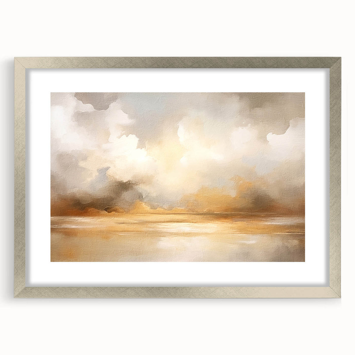 Abstract landscape wall art print framed in silver with a mat, showcasing vibrant colors and dynamic forms, ideal for home decor or modern art enthusiasts.