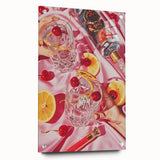 Large abstract wall art on acrylic glass depicting vibrant, multicolored swirls, ideal for dining room decor.