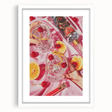 Abstract art print featuring swirling patterns in blue and white, framed with a white mat.