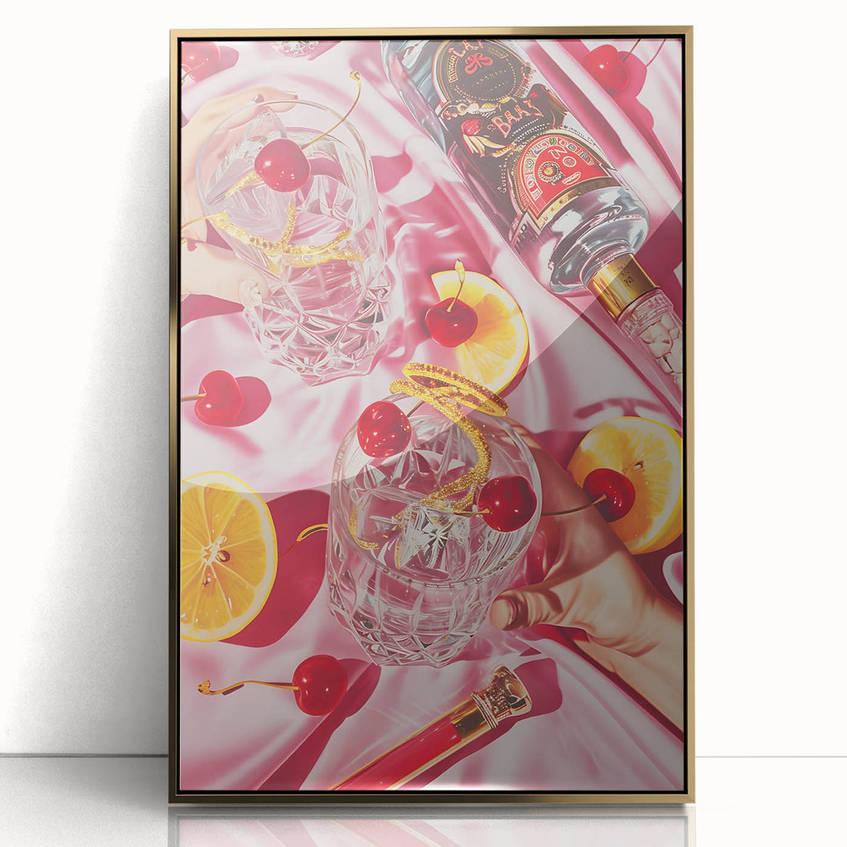 Art deco poster featuring a stylized cocktail glass in gold and black, framed acrylic, ideal for modern art wall decor.