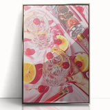 Large art print of assorted foods and drinks in bold colors on a silver-framed acrylic, mid-century modernist style.