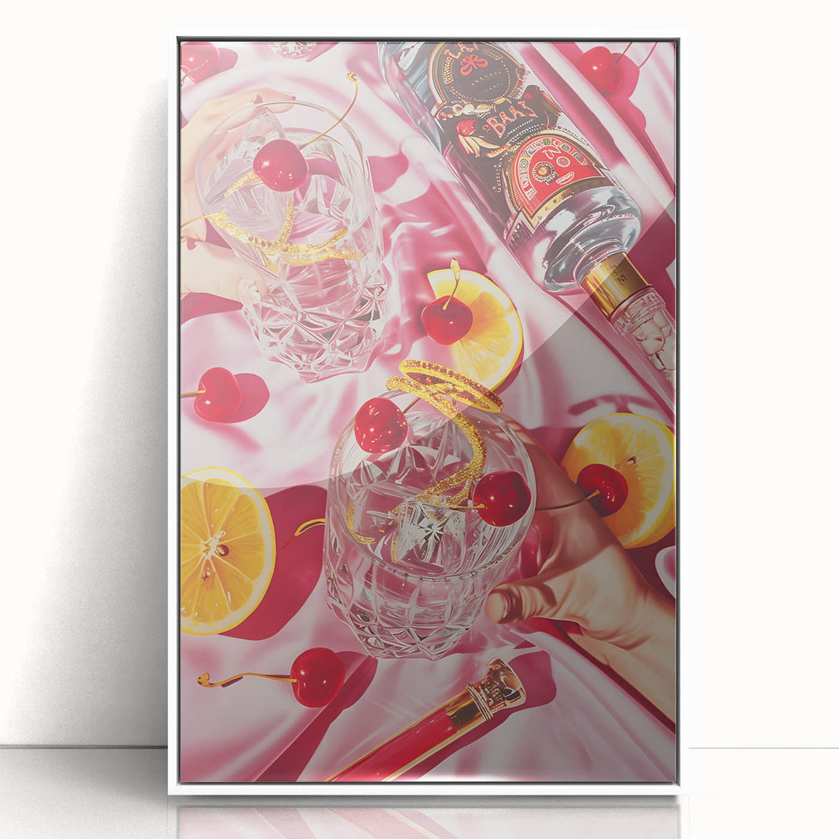 Mid-century modernist art depicting various food and drinks in a framed acrylic, with vibrant colors.