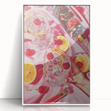 Mid-century modernist art depicting various food and drinks in a framed acrylic, with vibrant colors.