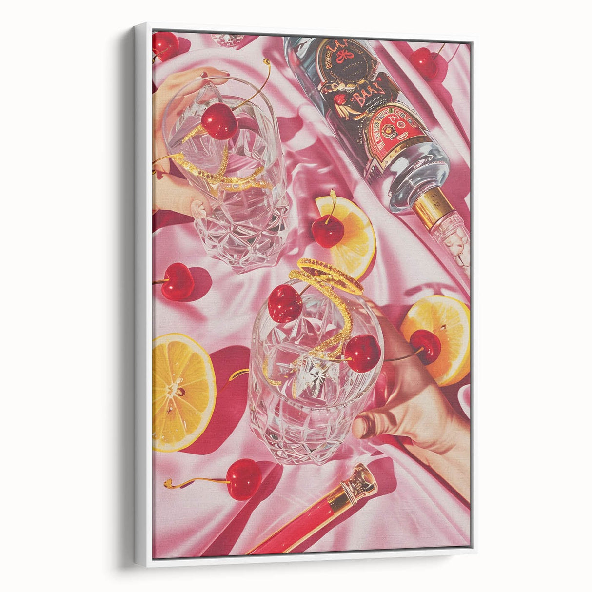 Extra large framed canvas vintage poster art featuring colorful food and drink motifs on a black background.