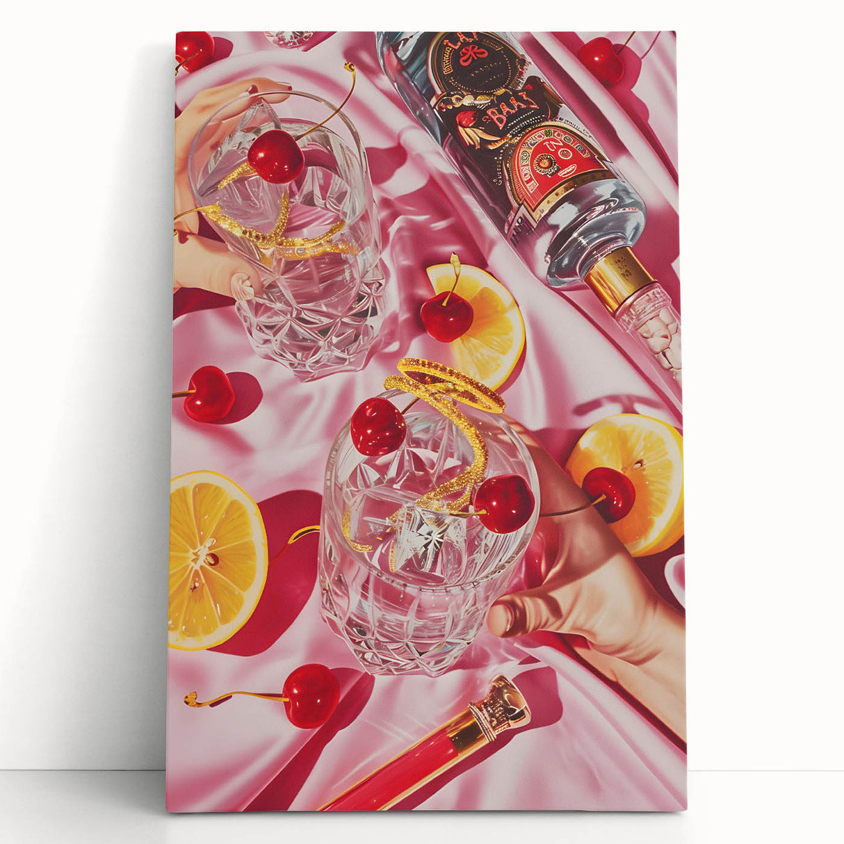 Large black and white stretched canvas of various food and drinks illustrations, ideal for kitchen wall art.