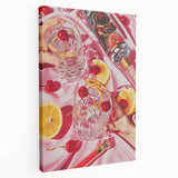 Large stretched canvas featuring a colorful illustration of various foods and drinks, ideal for kitchen wall art.