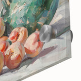 Close-up of large abstract fruit-themed acrylic glass wall art in vibrant colors, ideal for dining room decor.