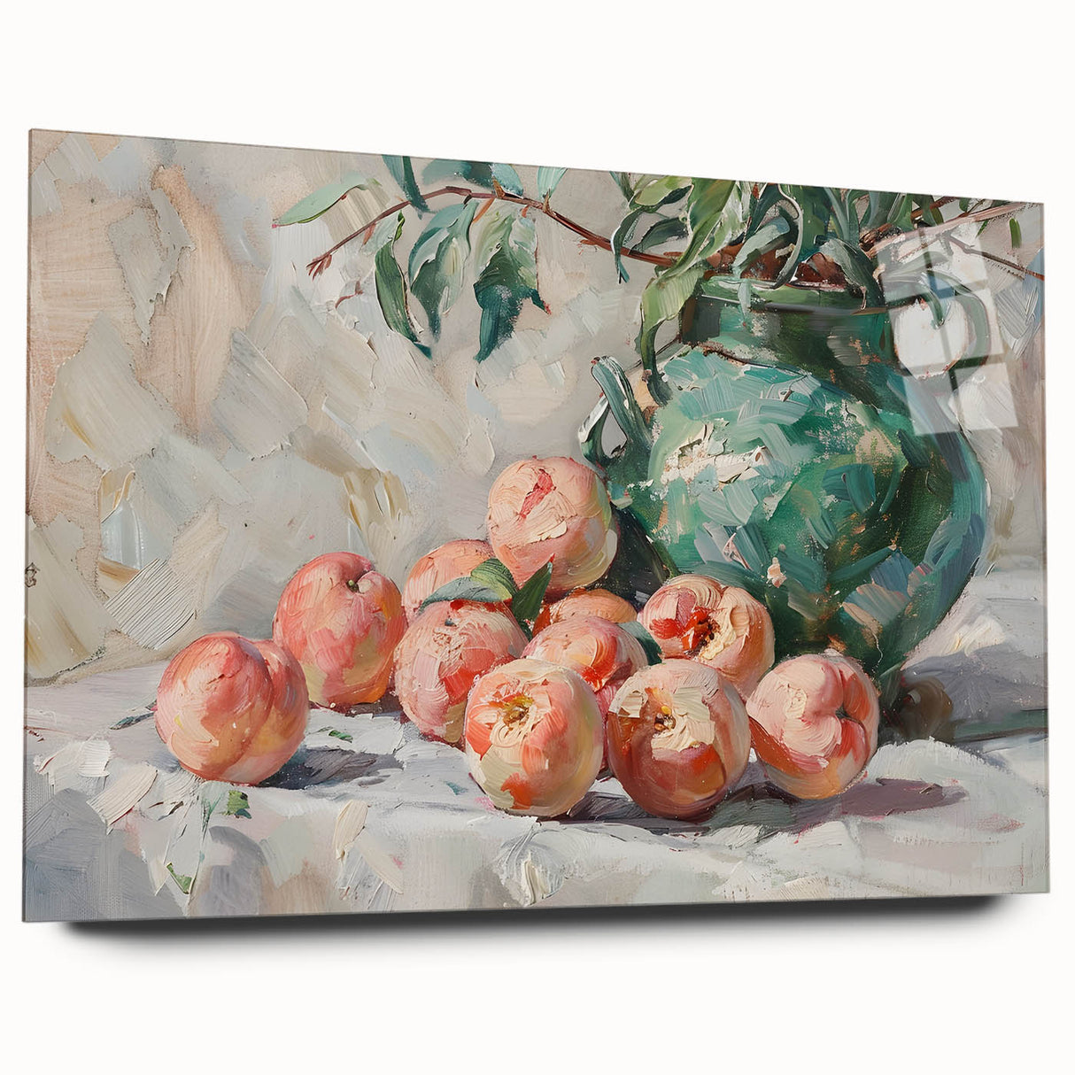 Large abstract wall art featuring assorted fruits in vibrant colors on acrylic glass, ideal for bedroom or dining room decor.