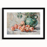Extra large abstract art print featuring vibrant, textured fruit designs on a framed black mat, ideal for living room decor.