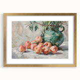 Extra large abstract art print featuring textured fruits in vibrant colors on a gold-framed canvas.