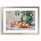Textured art depicting an abstract arrangement of fruits in muted earth tones, framed in silver.