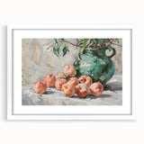 Abstract art print of assorted fruits in vibrant colors on a white framed mat, ideal for dining room decor.