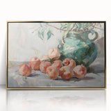 Large acrylic print featuring an array of colorful fruits on gold background, in a mid-century modernist style.