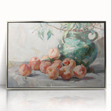 Mid-century modernist art featuring an array of fruits in vibrant colors on a silver-framed acrylic.