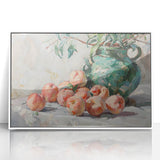 Art deco poster featuring an array of colorful fruits on white acrylic, framed, ideal for modern kitchen decor.