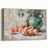 Framed canvas featuring a vintage poster of assorted fruits in earth tones, ideal for bedroom wall art.