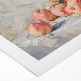 Art deco poster featuring an array of colorful fruits on a rolled canvas, suitable for dining room decor.