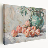Large art depicting assorted fruits in vibrant colors on stretched canvas, ideal for kitchen wall decor.