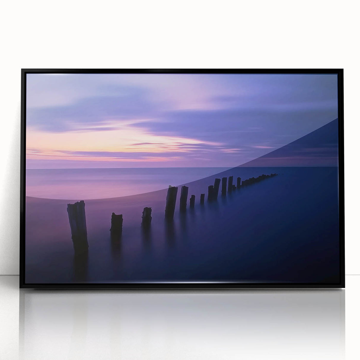 Framed acrylic artwork showcasing a vibrant beach landscape with a black frame, ideal for adding a coastal touch to home decor. Perfect for beach lovers and art enthusiasts.