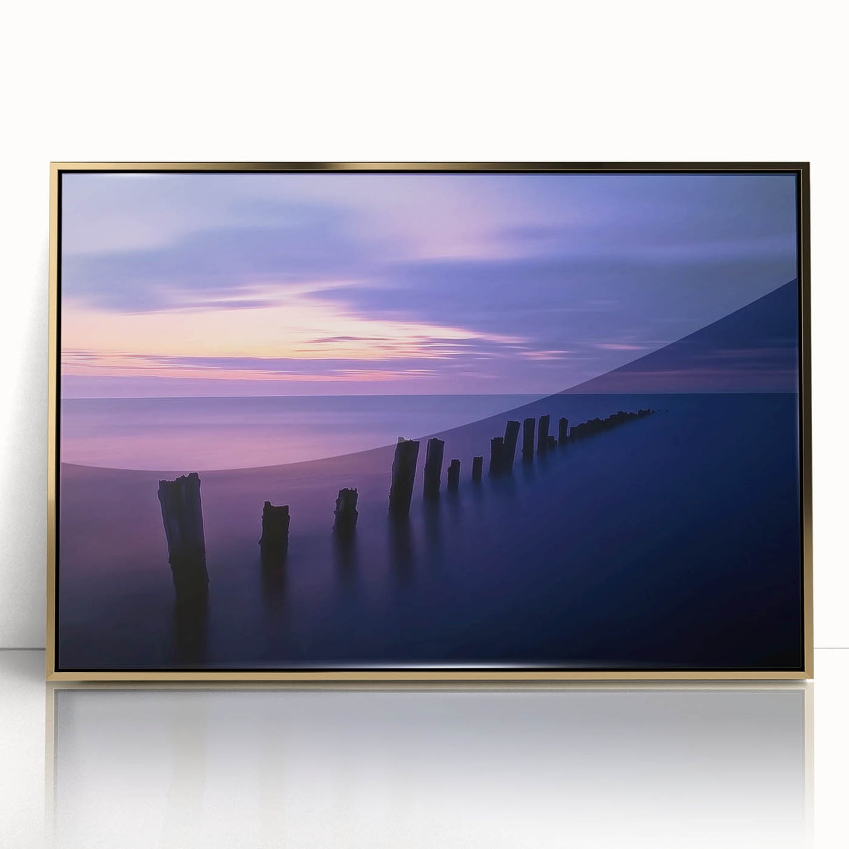 Framed acrylic artwork showcasing a vibrant beach landscape with golden accents, perfect for enhancing coastal-themed decor in homes and offices.