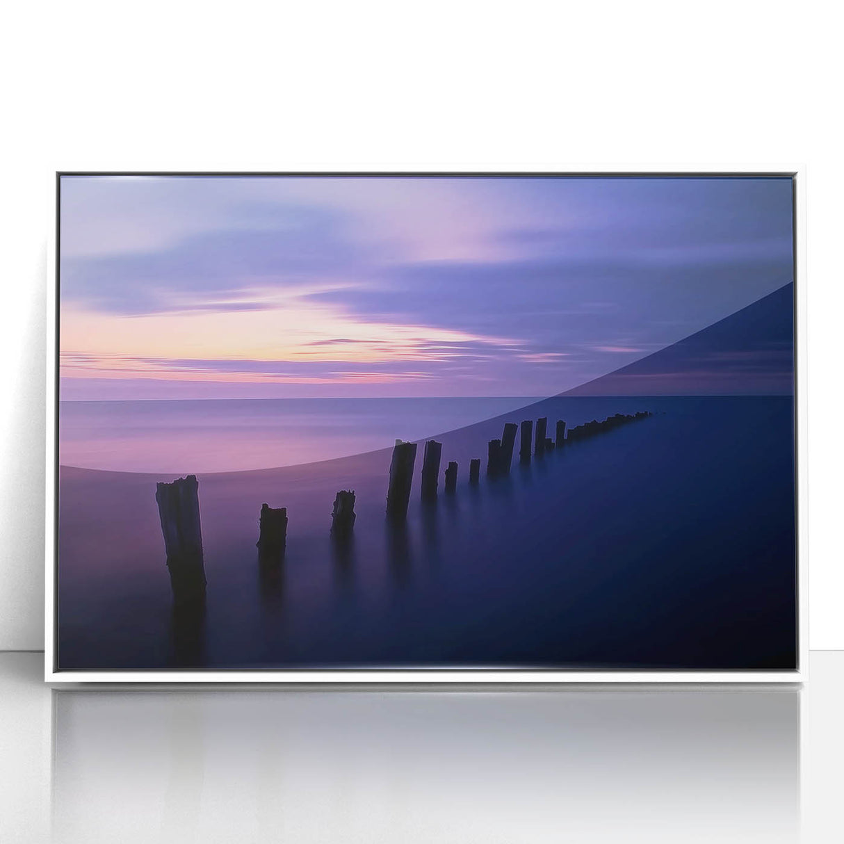 Framed acrylic artwork depicting a serene beach landscape with vibrant colors and detailed textures, displayed against a clean white frame, perfect for home decor.