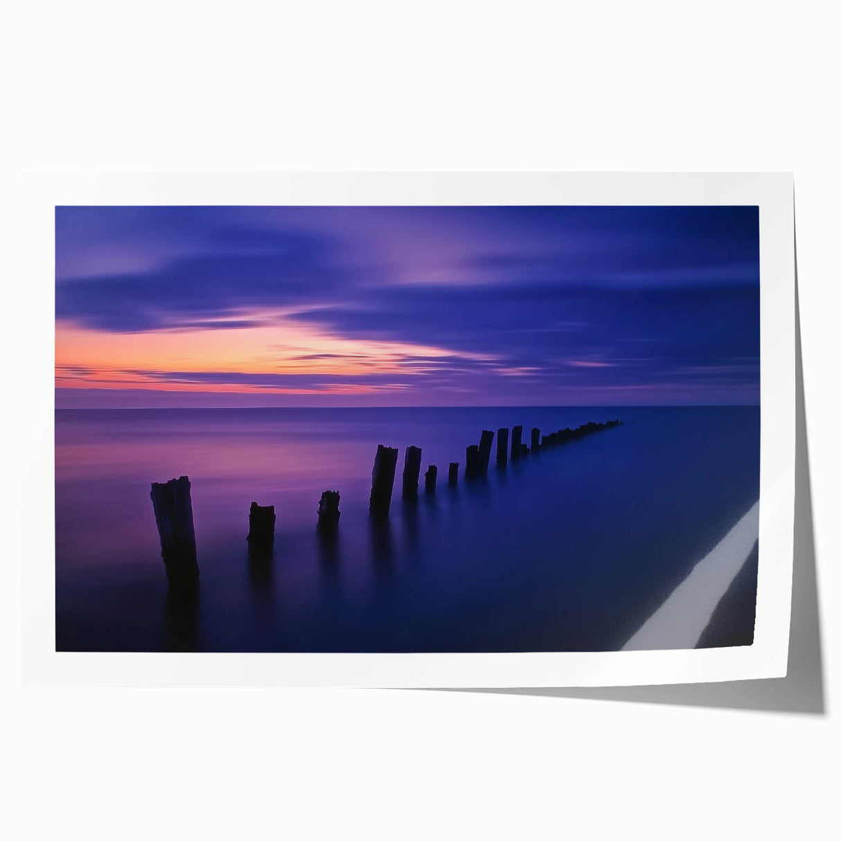 Vibrant landscape print showcasing a serene beach scene with soft waves and golden sands, rolled in a protective tube, ideal for home decor and art enthusiasts.
