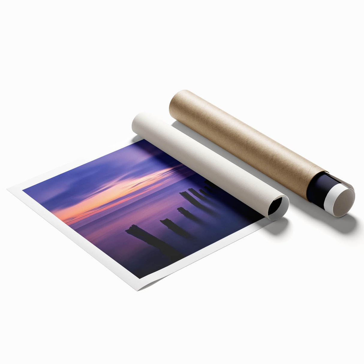 Serene beach landscape rolled print showcasing vibrant blues and soft sandy tones, elegantly packaged in a protective cardboard tube for easy transport and display. Ideal for coastal-themed decor enthusiasts.