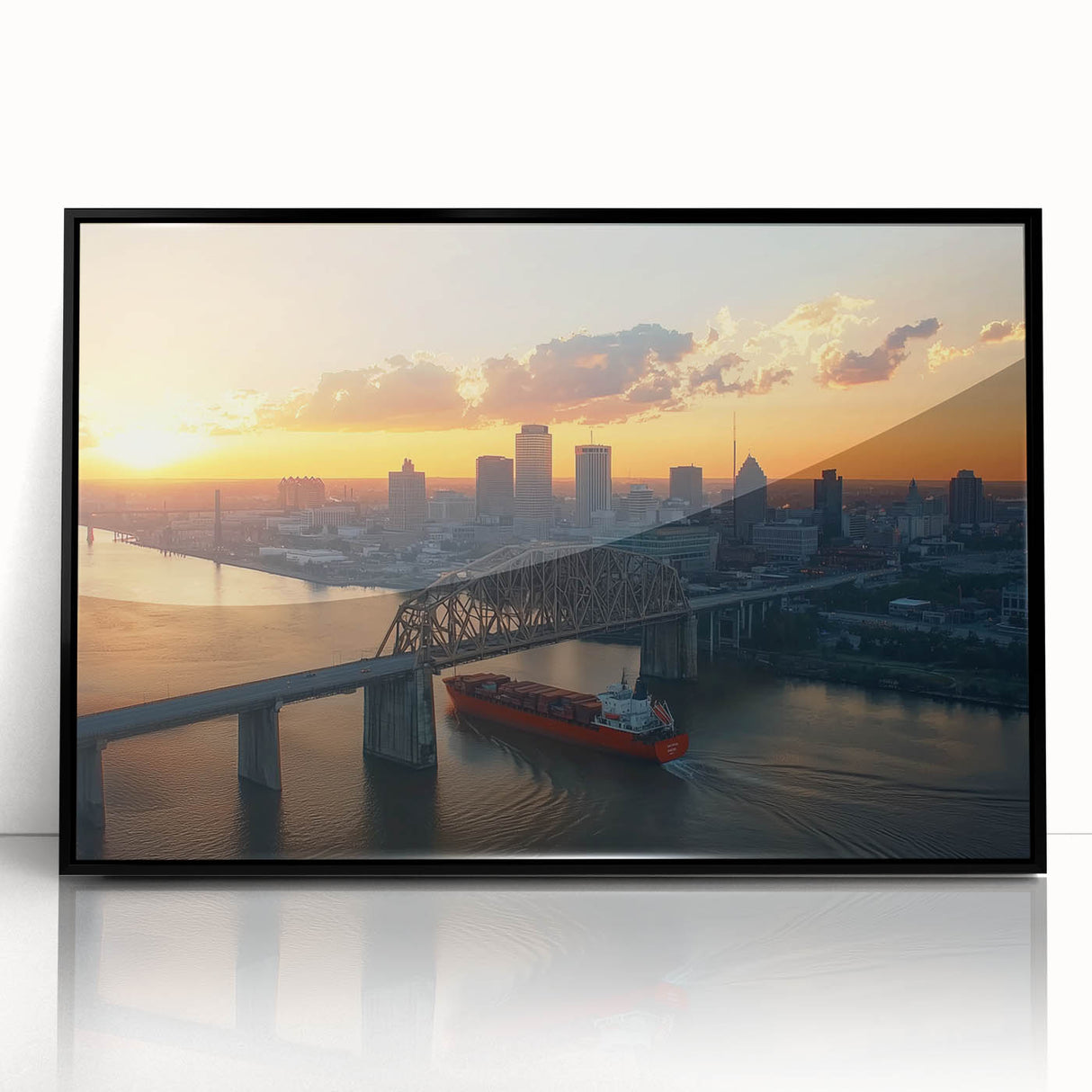 Framed acrylic artwork of a landscape bridge in black, showcasing intricate details and vibrant colors against a serene backdrop, ideal for home decor.
