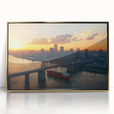 Framed acrylic artwork showcasing a stunning gold landscape bridge design, highlighting intricate details and vibrant colors, perfect for home decor or office spaces.