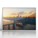 Framed acrylic artwork showcasing a stunning landscape of a bridge, featuring vibrant colors and intricate details, set against a white background for modern decor.