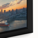 Close-up of a framed canvas art piece depicting a serene landscape bridge, showcasing vibrant colors and intricate details that enhance home decor aesthetics.