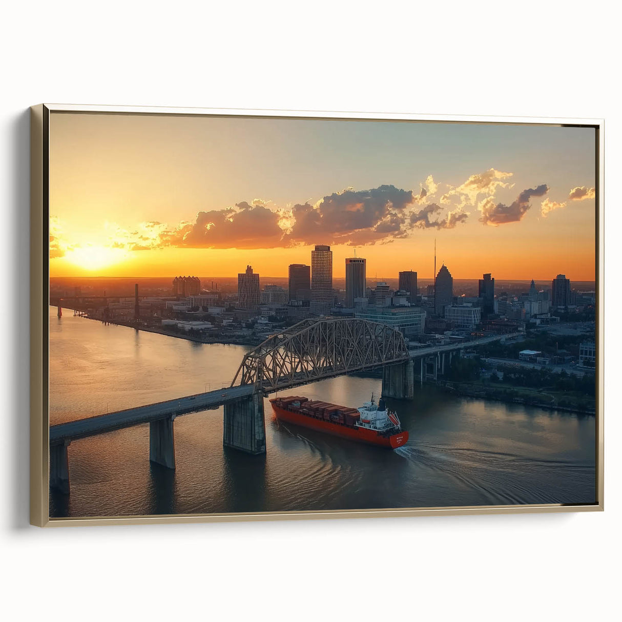 Framed canvas artwork showcasing a stunning landscape bridge in gold hues, emphasizing intricate details and textures, perfect for modern home decor.
