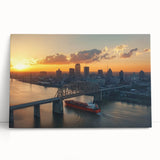 Stretched canvas artwork depicting a scenic landscape bridge in vibrant colors, ideal for home decor or office aesthetics. Perfect for art enthusiasts and nature lovers.